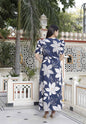 Miravan Women's Blue Flower Printed Puff Sleeve Pure Cotton Fit V Neck Butterfly Middi Dress
