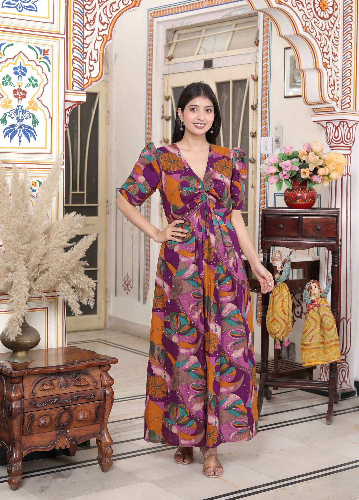 Miravan Women's Floral Print Puff Sleeve Pure Cotton Fit Flare Magenta Butterfly Maxi Dress