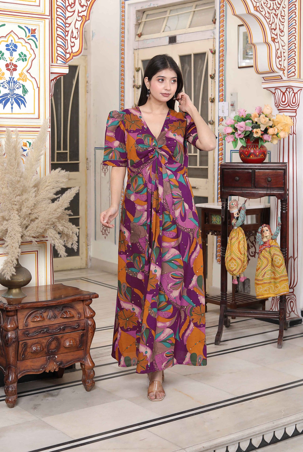 Miravan Women's Floral Print Puff Sleeve Pure Cotton Fit Flare Magenta Butterfly Maxi Dress