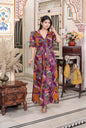 Miravan Women's Floral Print Puff Sleeve Pure Cotton Fit Flare Magenta Butterfly Maxi Dress