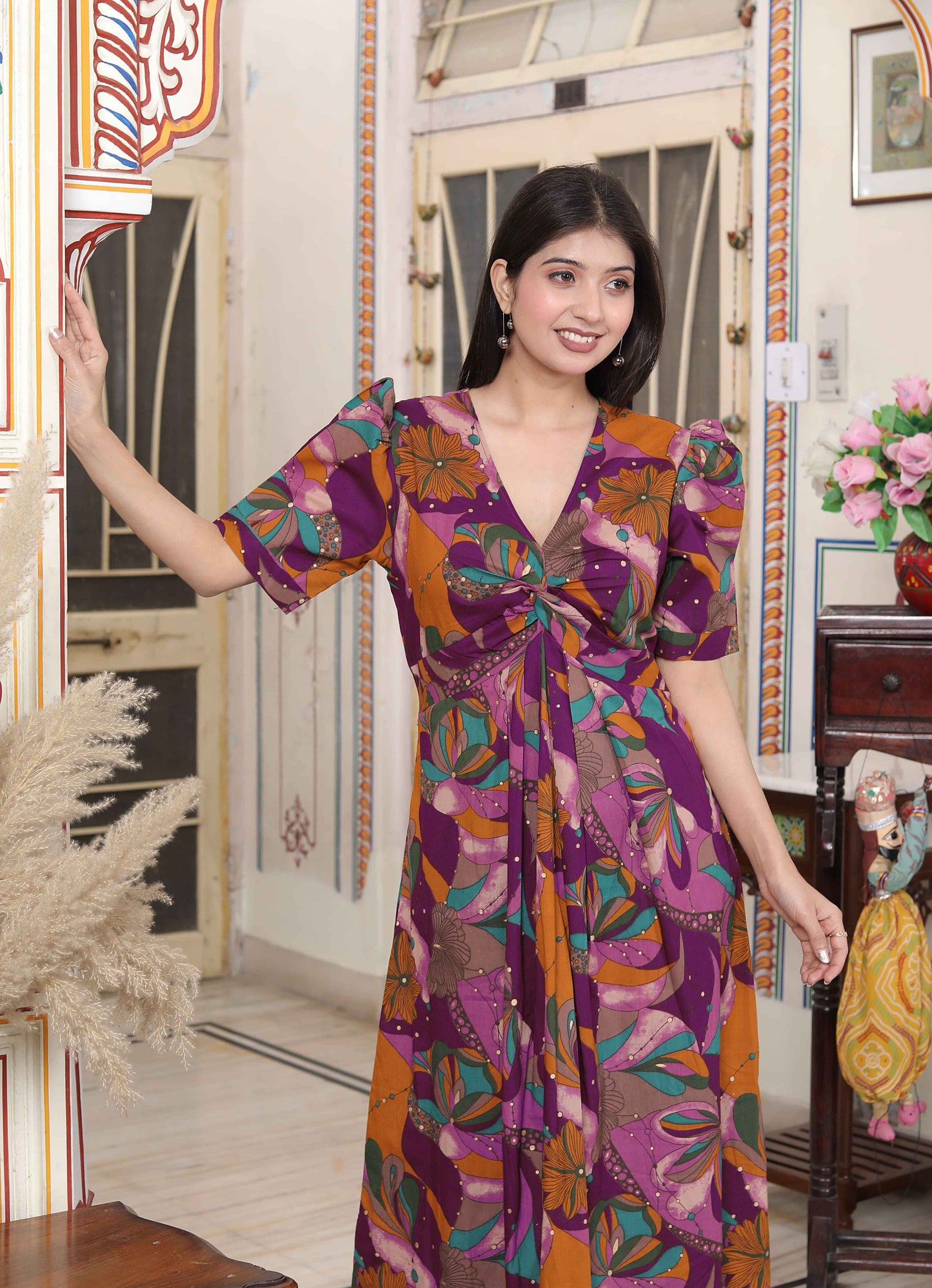 Miravan Women's Floral Print Puff Sleeve Pure Cotton Fit Flare Magenta Butterfly Maxi Dress