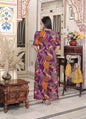 Miravan Women's Floral Print Puff Sleeve Pure Cotton Fit Flare Magenta Butterfly Maxi Dress