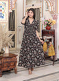 Miravan Women's Multicolored Pleated Puff Sleeve Floral Pure Cotton Butterfly Maxi Dress