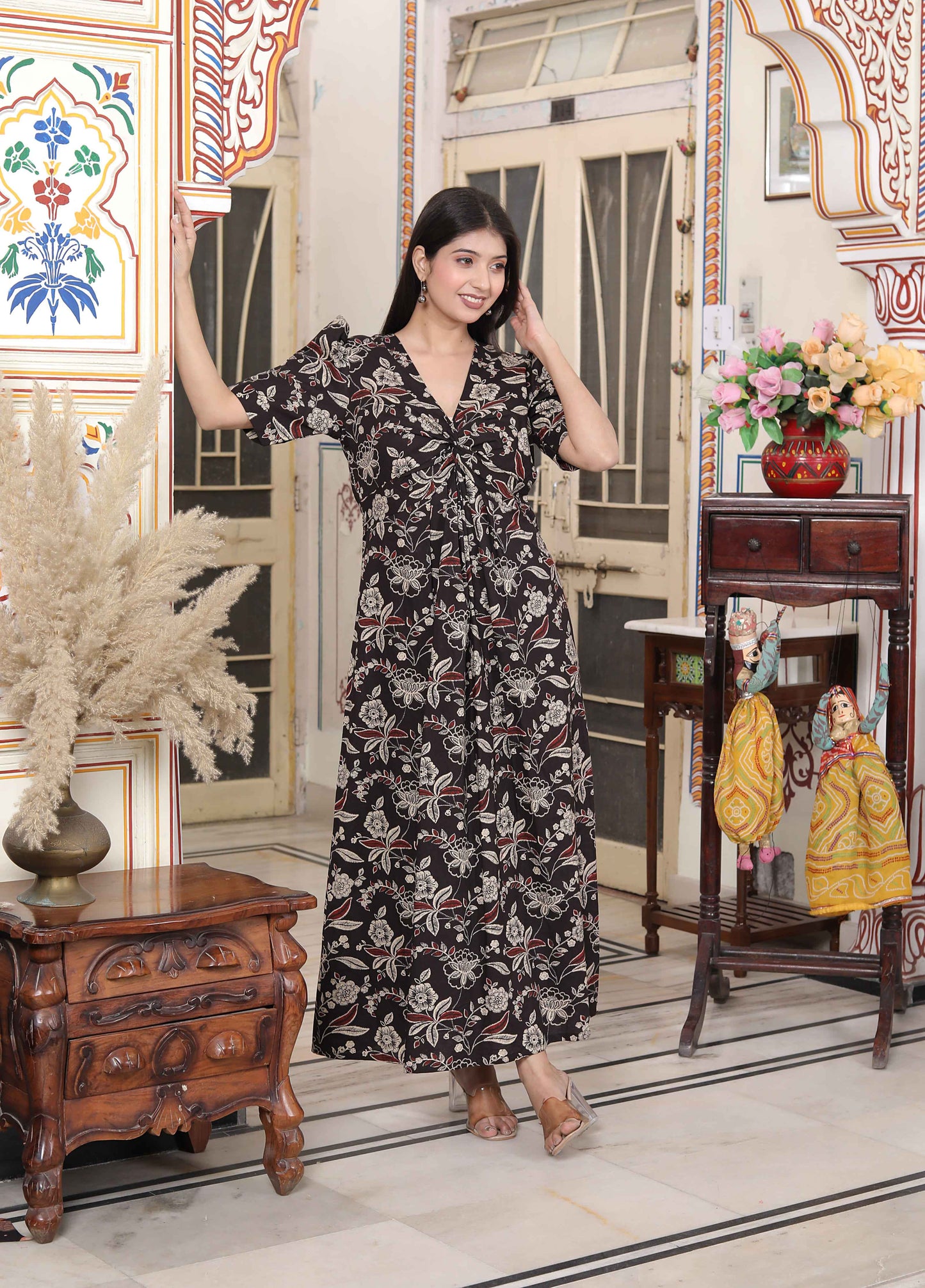 Miravan Women's Multicolored Pleated Puff Sleeve Floral Pure Cotton Butterfly Maxi Dress