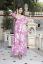 Miravan Women's Pink Floral Print Puff Sleeve Pure Cotton Fit Flare Butterfly Maxi Dress