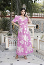 Miravan Women's Pink Floral Print Puff Sleeve Pure Cotton Fit Flare Butterfly Maxi Dress