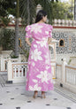 Miravan Women's Pink Floral Print Puff Sleeve Pure Cotton Fit Flare Butterfly Maxi Dress