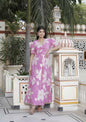 Miravan Women's Pink Floral Print Puff Sleeve Pure Cotton Fit Flare Butterfly Maxi Dress