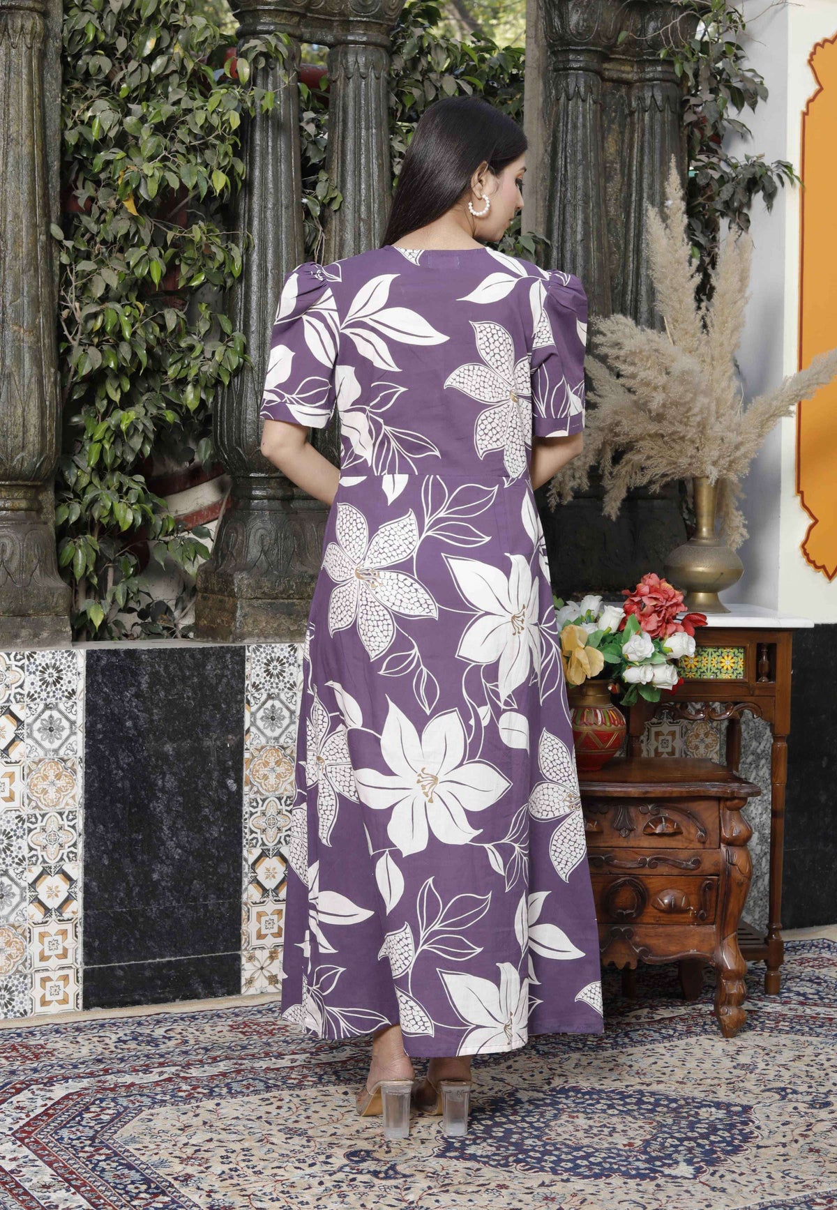 Miravan Women's Purple Pleated Puff Sleeve Floral Pure Cotton Butterfly Middi Dress