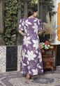Miravan Women's Purple Pleated Puff Sleeve Floral Pure Cotton Butterfly Middi Dress