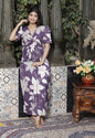 Miravan Women's Purple Pleated Puff Sleeve Floral Pure Cotton Butterfly Middi Dress