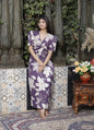 Miravan Women's Purple Pleated Puff Sleeve Floral Pure Cotton Butterfly Middi Dress