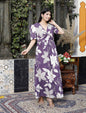 Miravan Women's Purple Pleated Puff Sleeve Floral Pure Cotton Butterfly Middi Dress