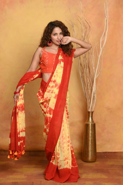 Very Much Indian Tie & Dye Handloom Mul Cotton Saree - Yellow Red