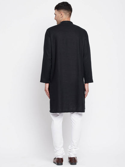 Even Apparels Black Linen Men's Sherwani Kurta With Decorative Placket