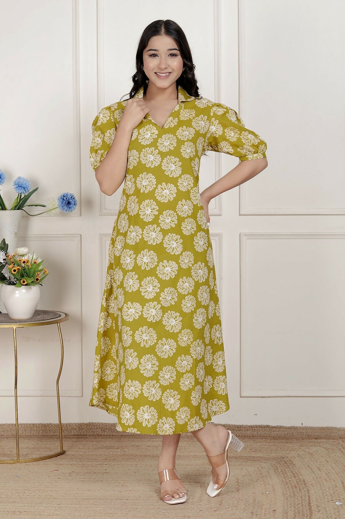Miravan Women'S Yellow Printed Puff Sleeve Floral Maxi Party Dress