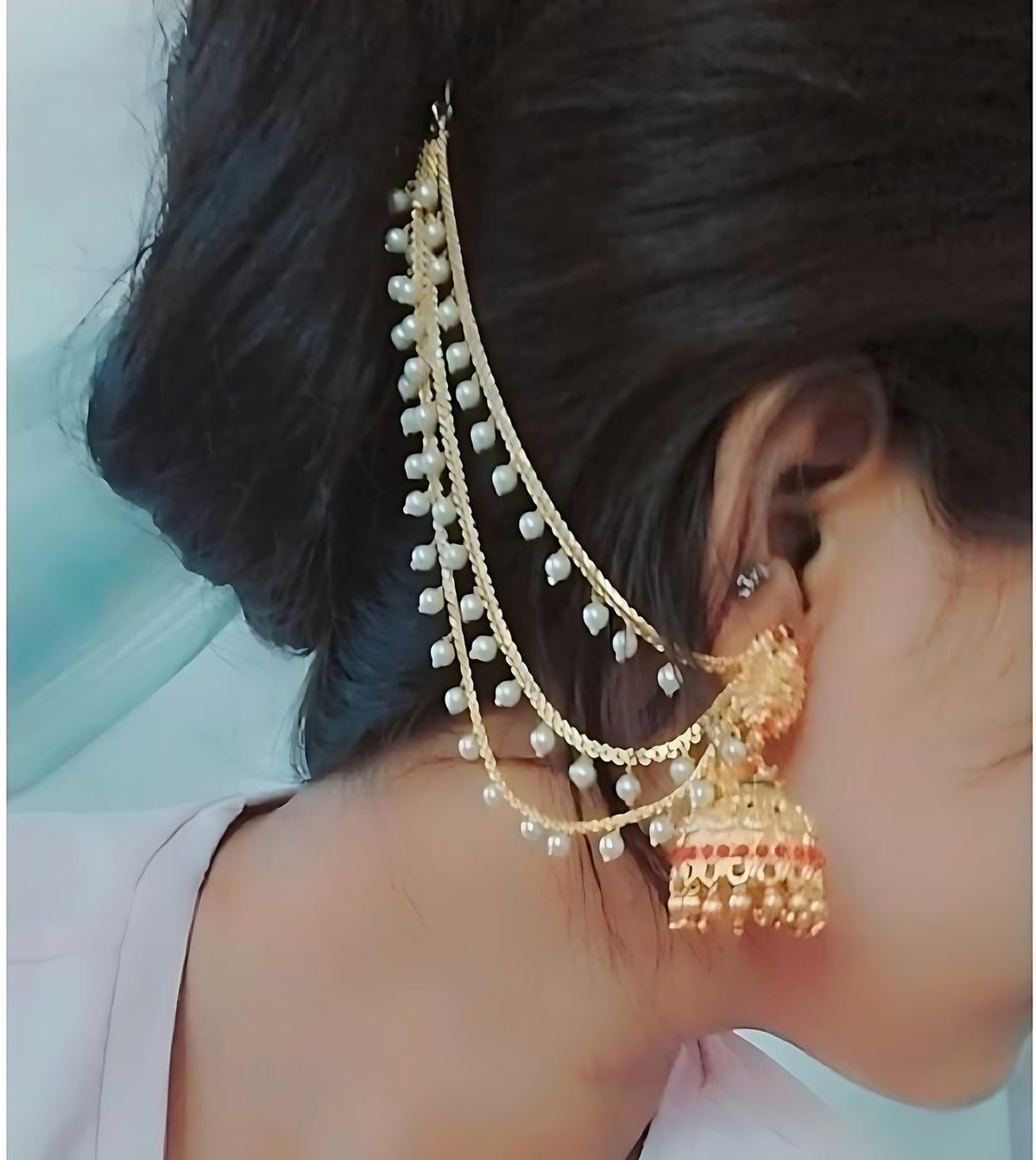 Jewel City Temple Lakshmi Design Jhumka with Pearl Ear Chain - Antique Gold South Indian Traditional Earring