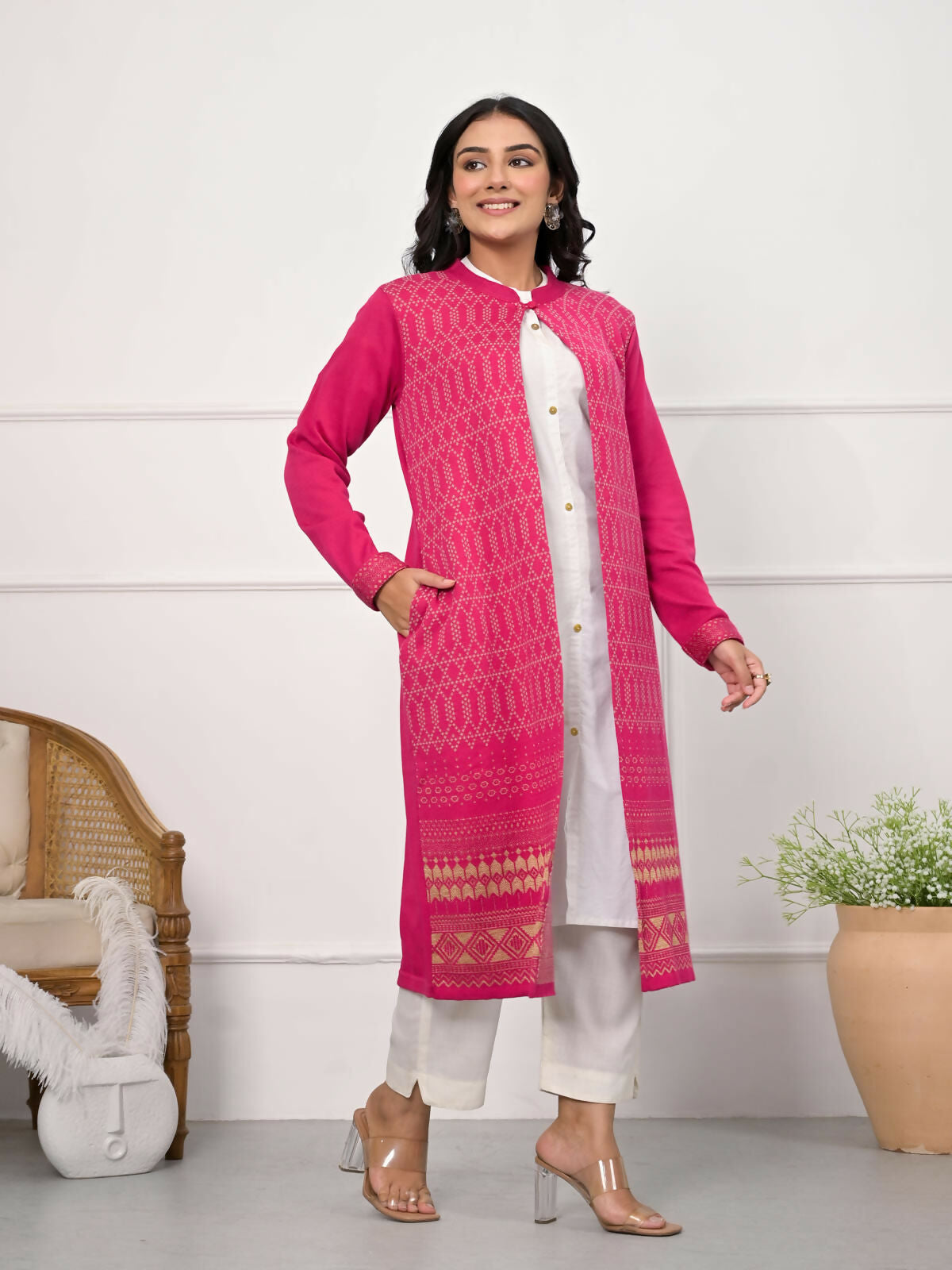 Juniper Women's Pink Ethnic Motif Printed Cotton Long Winter Wear Jacket