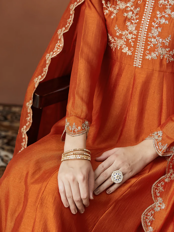 The52 Orange Women's Beautiful Vichitra Silk Fabric Embroidered Work Flared Anarkali Pant and Dupatta Set