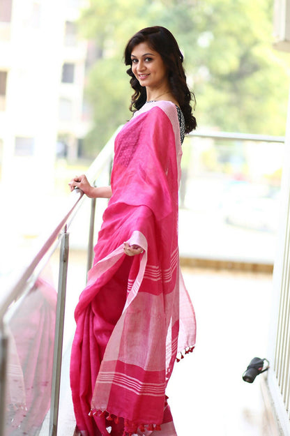 Very Much Indian Pure Linen Saree With Sleek Border And Exclusive Design - Pink