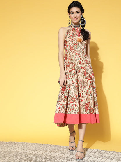 Yufta Beige & Pink Mugal Jaal Dress
