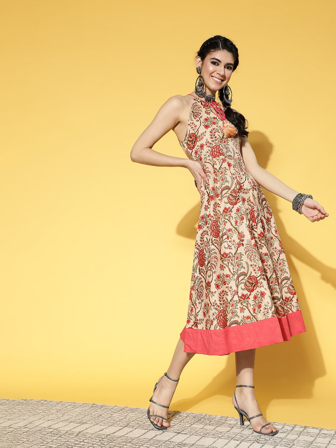 Yufta Beige & Pink Mugal Jaal Dress
