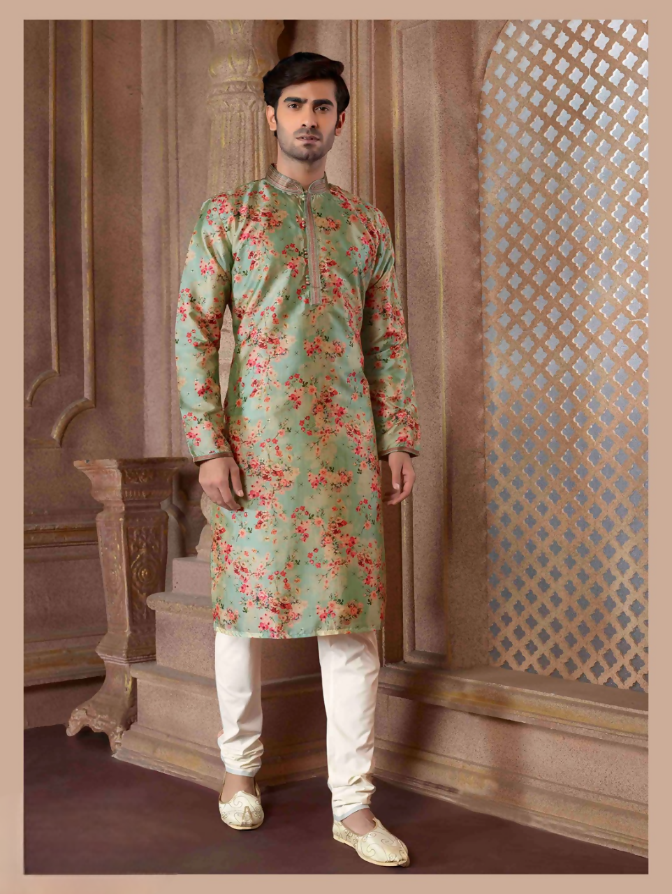 Joban Fashion C.Green & Pink Art Silk Digital Print Kurta Pyjama
