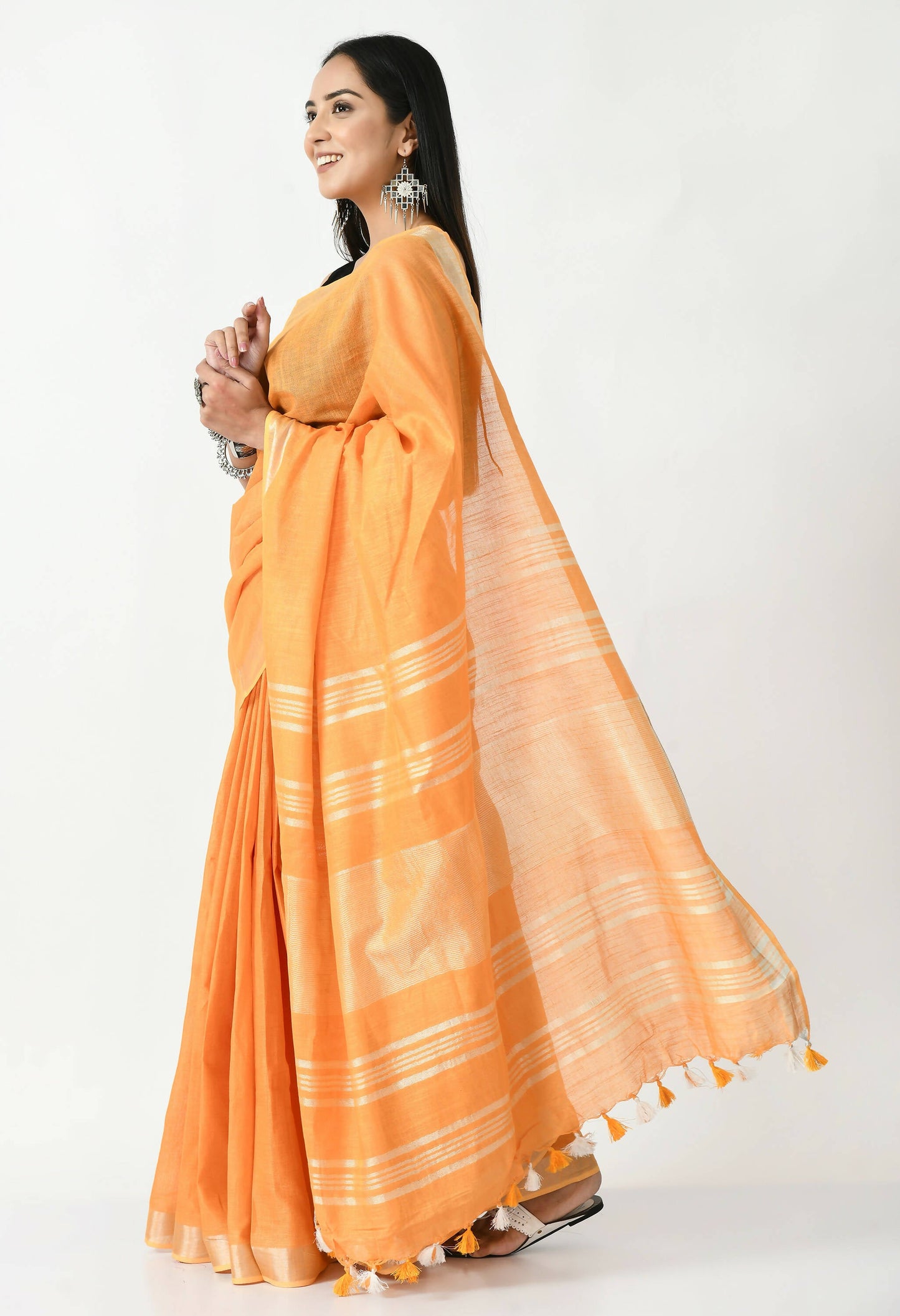 Mominos Fashion Moeza Orange Bhagalpuri Handloom Silk Linen Saree with unstitched Blouse piece