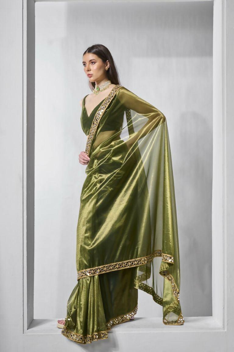 Green Gold Tissue Net Solid & Gold Cotted Saree - Samaa