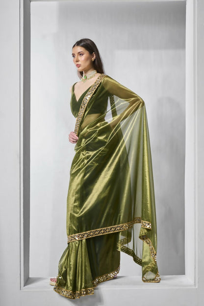 Green Gold Tissue Net Solid & Gold Cotted Saree - Samaa