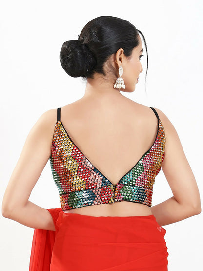 Joban Fashion Black Multi Sequin Padded Blouse With V Neck Sleeveless