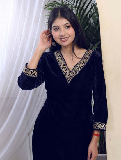Miravan Women's Blue Velvet Embroidered/Sequence Work Straight Kurta with Palazzo