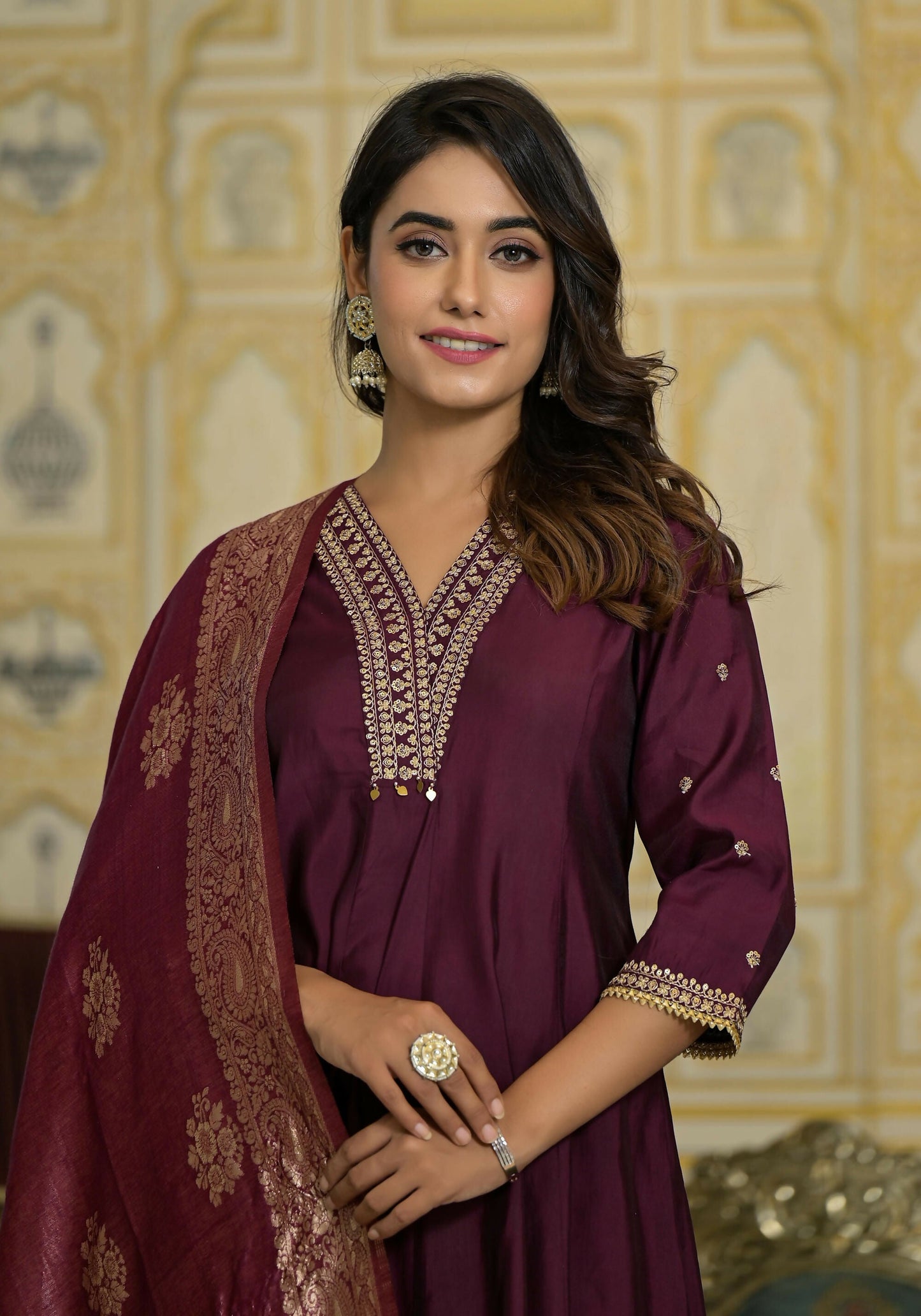Juniper Women's Wine Zari Embroidered Viscose Kurta Pant And Dupatta Set With Sequins & Lace
