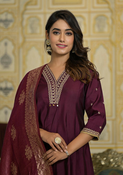 Juniper Women's Wine Zari Embroidered Viscose Kurta Pant And Dupatta Set With Sequins & Lace