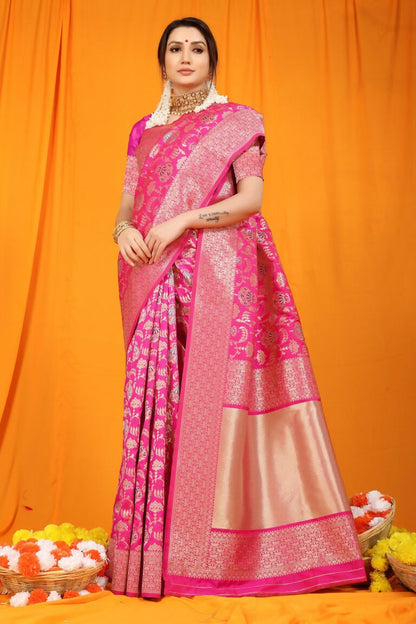 Jyoti Fashion Women's Rani Pink Kanjivaram Silk Zari Woven Saree with Blouse