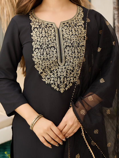 The52 Women Embroidery Work with Viscose Fabric Straight Kurta, Pant and Dupatta Set