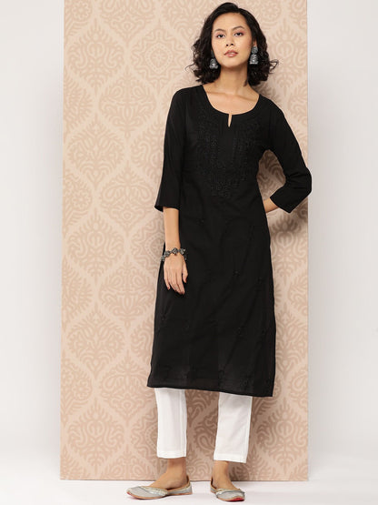 Yufta Black Embroidered Chikankari Cotton Kurta