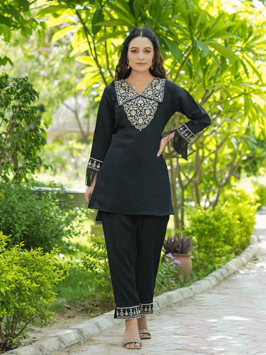 Yufta Black Embroidered Shirt And Trouser Co Ords