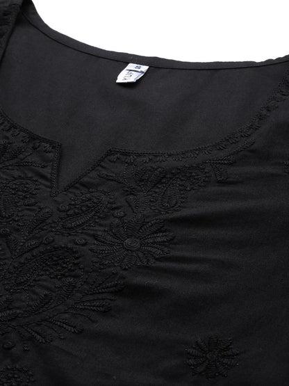 Yufta Black Floral Chikankari Embroidered Pure Cotton Top