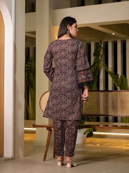 Yufta Black Pure Cotton Paisley Print Pakistani Style Kurta And Trousers With Dupatta Set