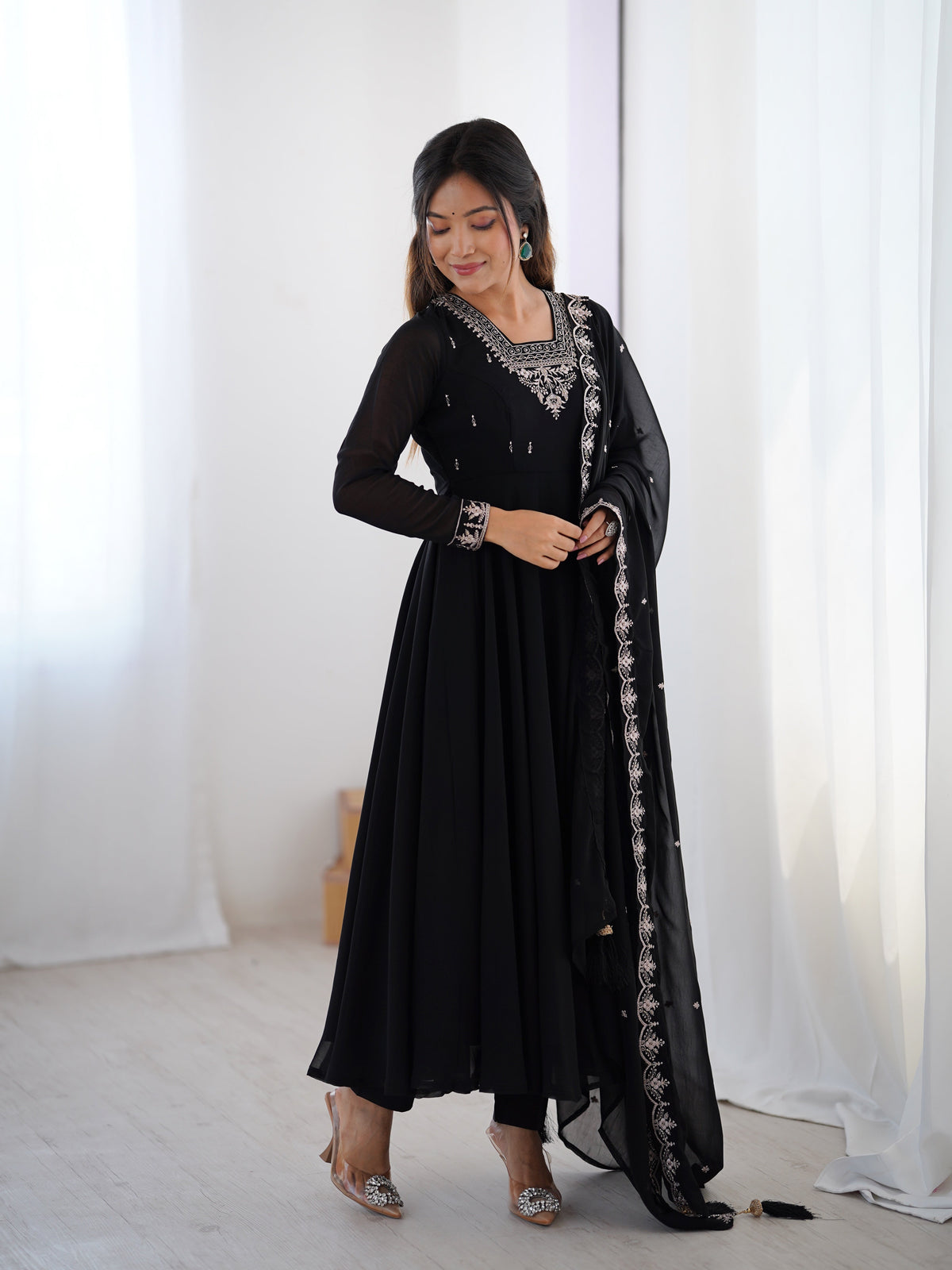 Lorenvalley Black Faux Georgette Fancy Embroidery Beads And Jari Work Anarkali Kurta Palazzo With Dupatta Set