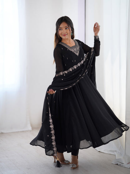Lorenvalley Black Faux Georgette Fancy Embroidery Beads And Jari Work Anarkali Kurta Palazzo With Dupatta Set