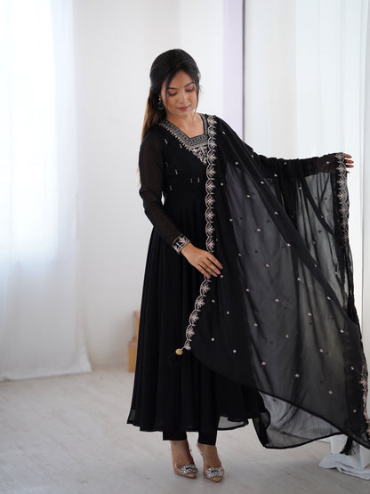 Lorenvalley Black Faux Georgette Fancy Embroidery Beads And Jari Work Anarkali Kurta Palazzo With Dupatta Set