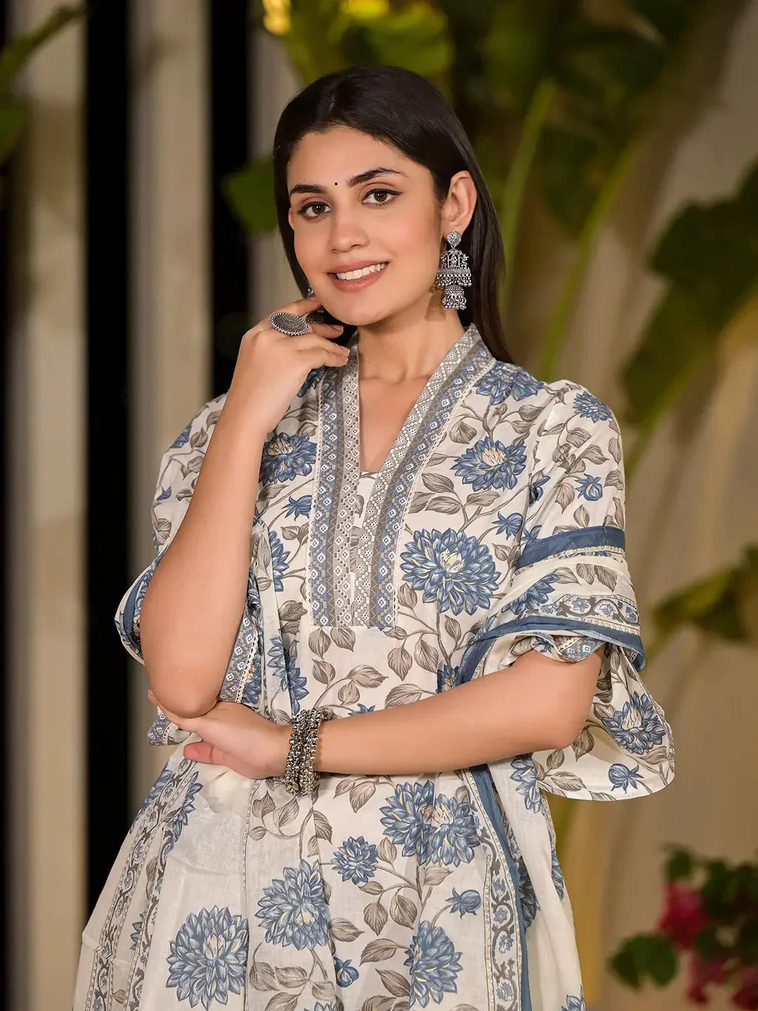 Yufta Blue And Off White Floral Print Cotton Straight Style Kurta And Trousers With Dupatta