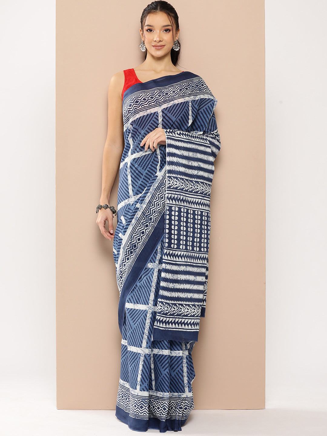Yufta Blue Striped Mulmul Cotton Sarees With Unstitched Blouse