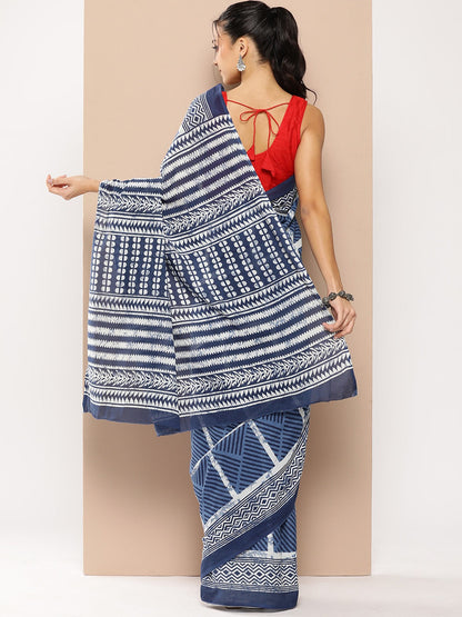 Yufta Blue Striped Mulmul Cotton Sarees With Unstitched Blouse