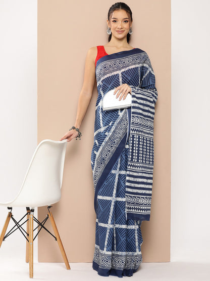 Yufta Blue Striped Mulmul Cotton Sarees With Unstitched Blouse