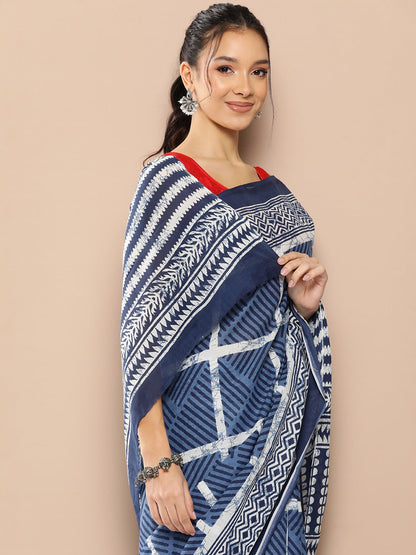 Yufta Blue Striped Mulmul Cotton Sarees With Unstitched Blouse