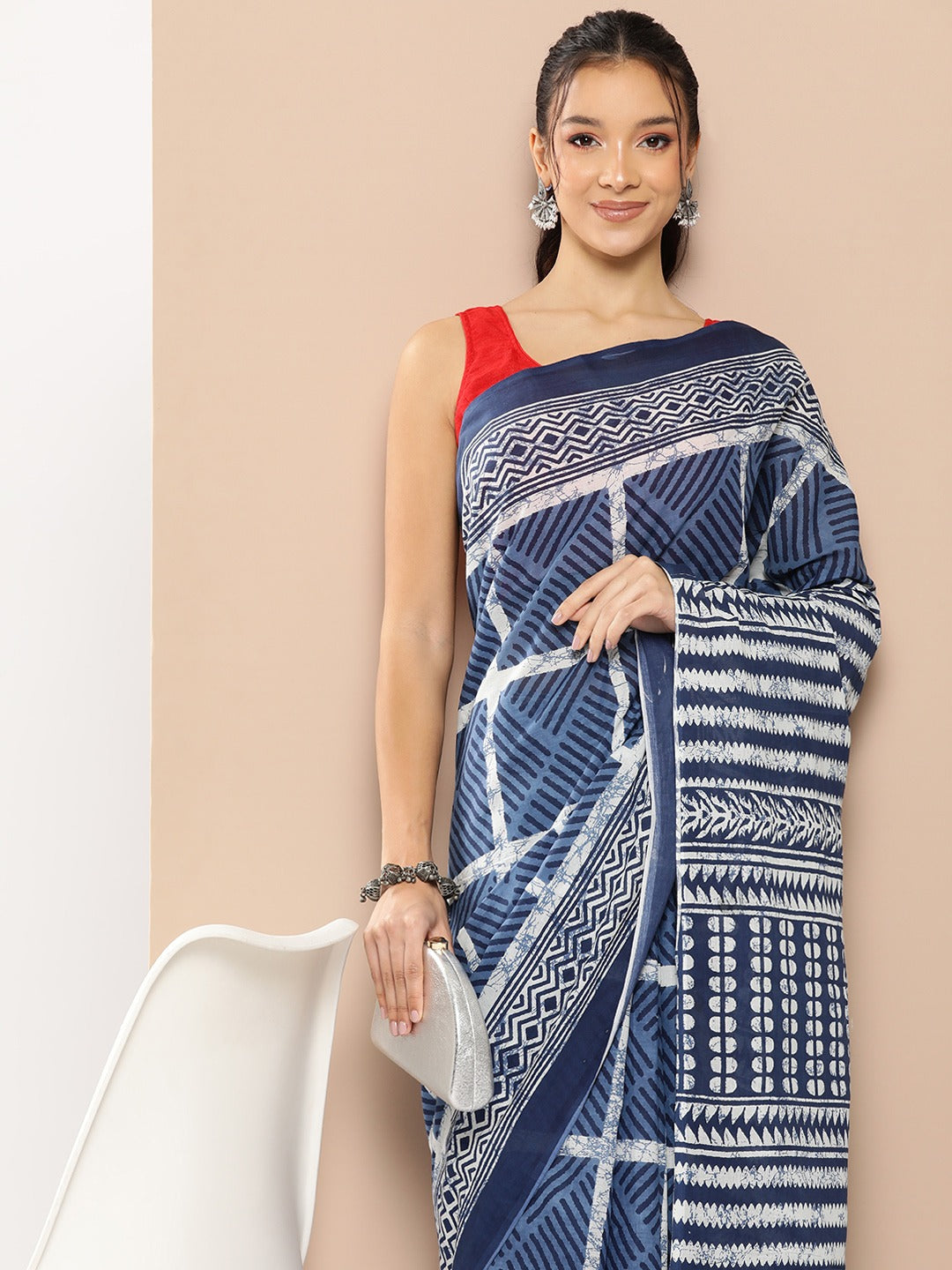 Yufta Blue Striped Mulmul Cotton Sarees With Unstitched Blouse