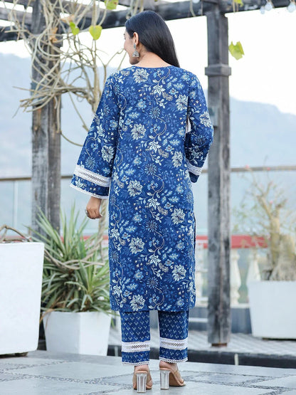 Yufta Blue pure Cotton kurta dupatta set with Thread_Work detailing
